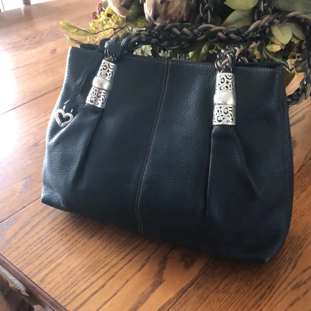 Brighton Black Shoulder Bag with Tan Braided Handles